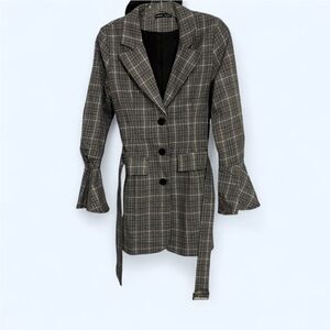 SHEIN Black and Gray Plaid Blazer with Belt